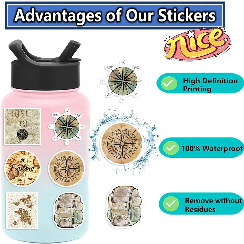 50 Pcs Travel Clock Map Graffiti Stickers | Waterproof Decals for Bike Laptop Penci additional angle