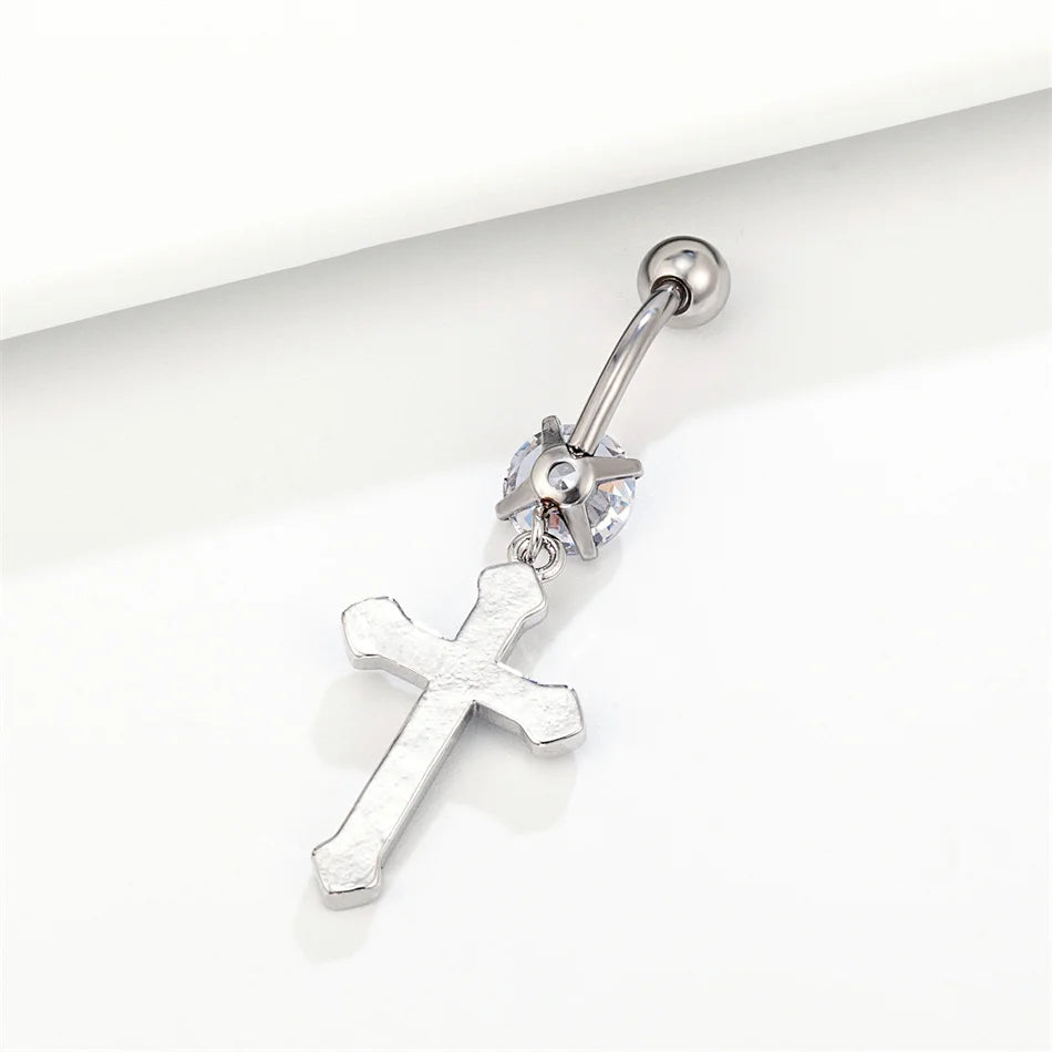 Surgical Cross Dangle Navel Ring Crystal Stainless Steel Belly Button Piercing Earring 1 detail view