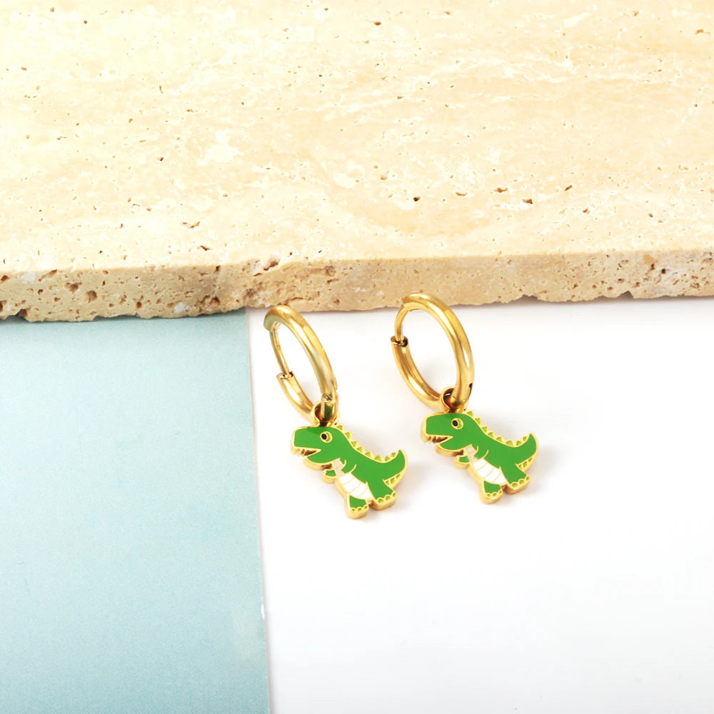 LUXUSTEEL Golden Animal style Women's Hoop Earrings Stainless Steel Earring Panda Dino close-up view