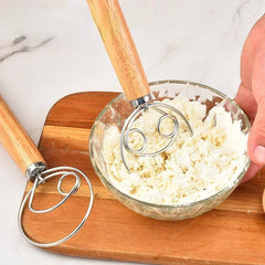 Stainless Steel Danish Dough Whisk | Wooden Handle Bread Mixer for Baking close-up view