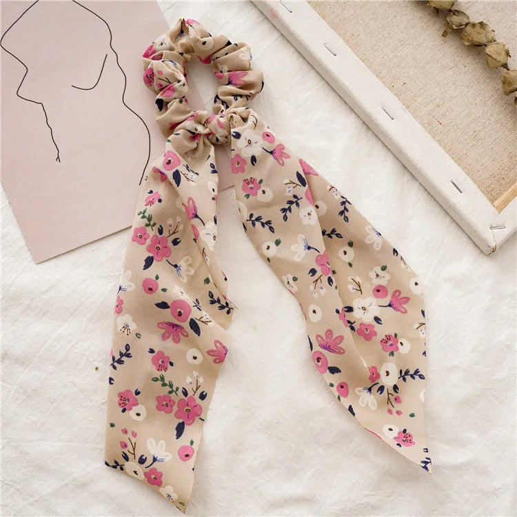 Fashion Leopard Print Bow Satin Long Ribbon Ponytail Scarf Hair Tie Scrunchies Women Gir detail view