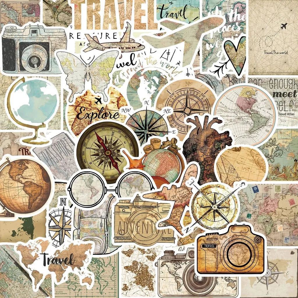 50 Pcs Travel Clock Map Graffiti Stickers | Waterproof Decals for Bike Laptop Pencil alternate view