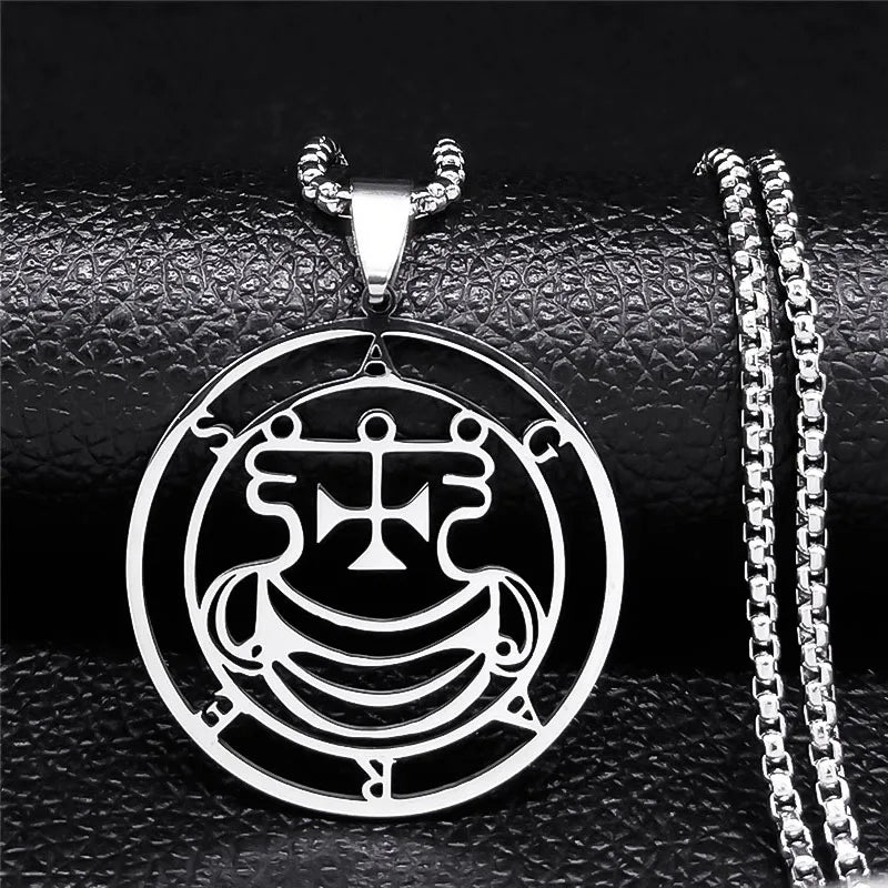 Sigeal Sigil De Lucifer Stainless Steel Satan Necklace | Asmoday Key Baphomet Pendant close-up view