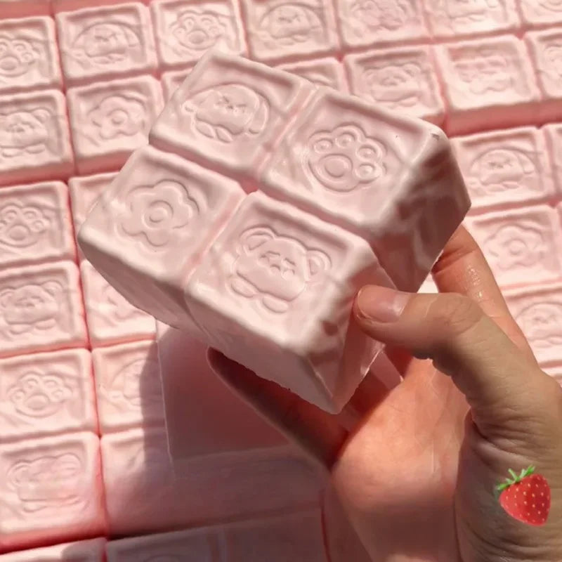 Squishy Strawberry Cube Stress Relief Toy | Slow Rebound Sensory Fidget Squeeze lifestyle view