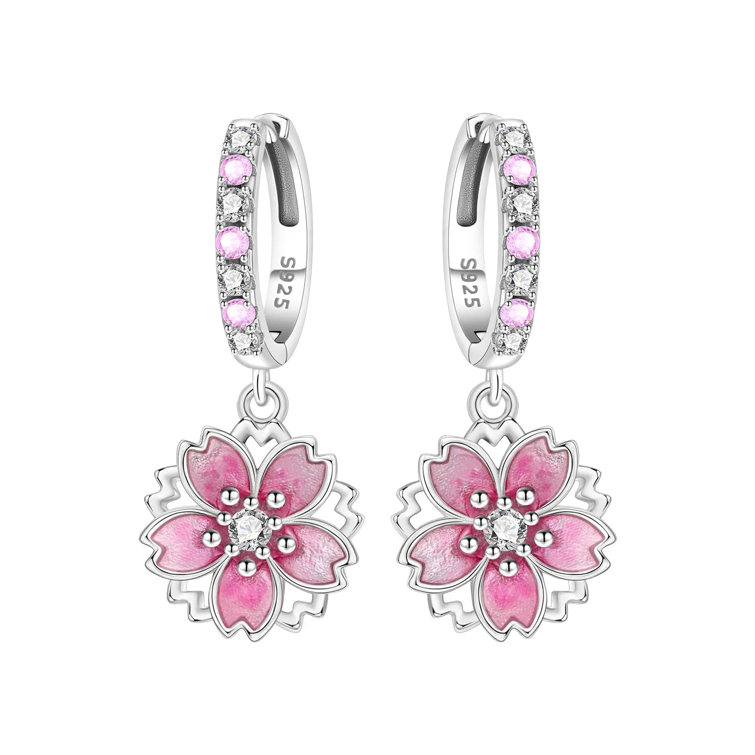 925 Sterling Silver Purple Flowers Plants Leaf Series Blue Iris Flower Earring Hoop Ea close-up view