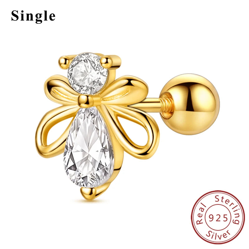 925 Stainless Steel Stud Earrings For Women Girls Simple Flower Bow Star Moon Zircon alternate view