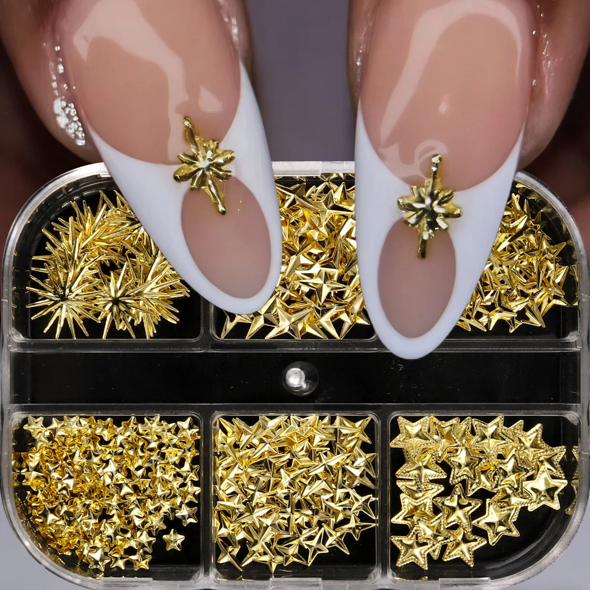 6/12Grids Gold Star Moon Metallic Rivet 3D Nail Charms Alloy Sun Moon Starlight Rhinestones Nail Stu