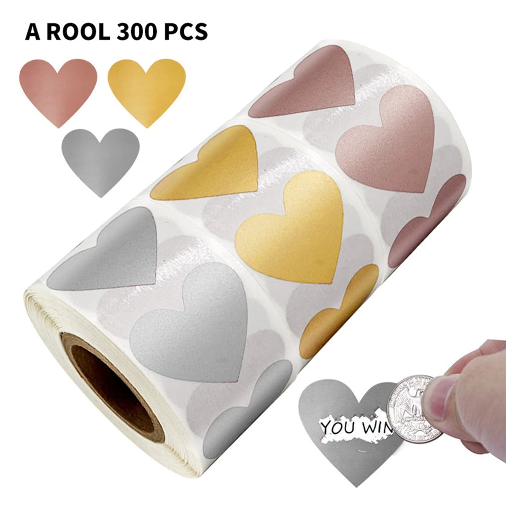300 Pcs 1 Inch Heart Scratch Off Stickers | Lottery Ticket and DIY Game Labels close-up view