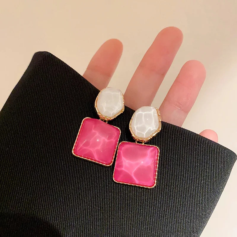New Vintage Blue Coffee Square Oval Rhinestones Stud Earrings Women Shiny Cubic Geomet close-up view