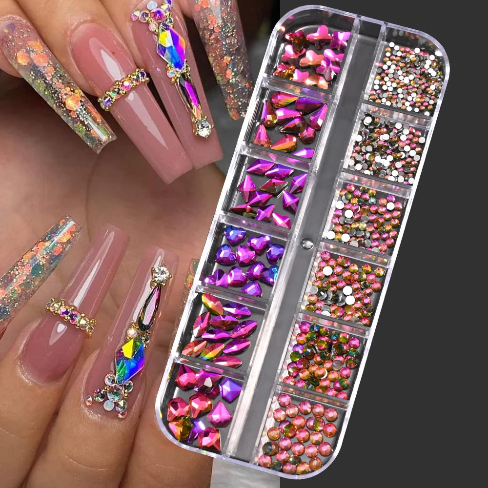 12Grids Pink Mixed Nail Rhinestones Luxury Nail Charms Glitter Crystal Jewelry Gems additional angle