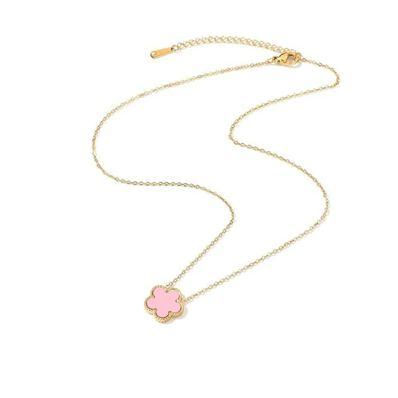 14K Gold Plated Stainless Steel Necklace Woman Five Leaf Petals Double Sided Neckla additional angle