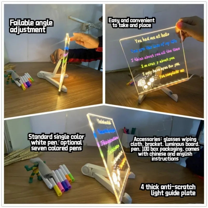 Light Up Acrylic Message Board Night Light | Rewritable DIY Glowing Drawing Board w additional angle