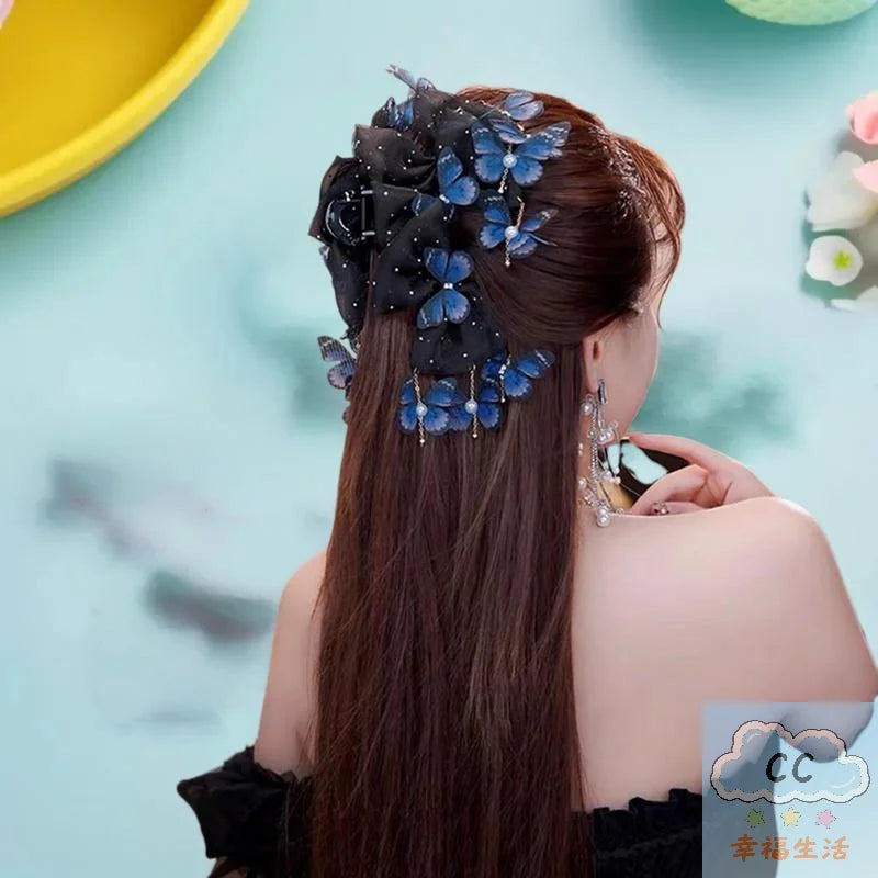 Trendy Butterfly Tassel Hair Claw; Mesh Shark Clip For Ponytail; Must-Have Hair Accessory For Women