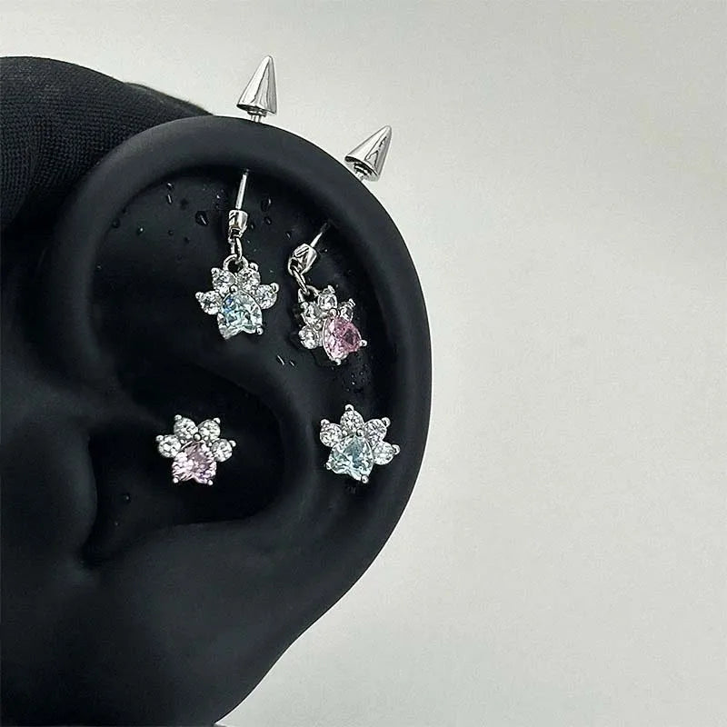 Stainless Steel Crystal Cat Claw Ear Bone Nail for Women Sweet Cute Shiny Zircon Heart Piercing Earr