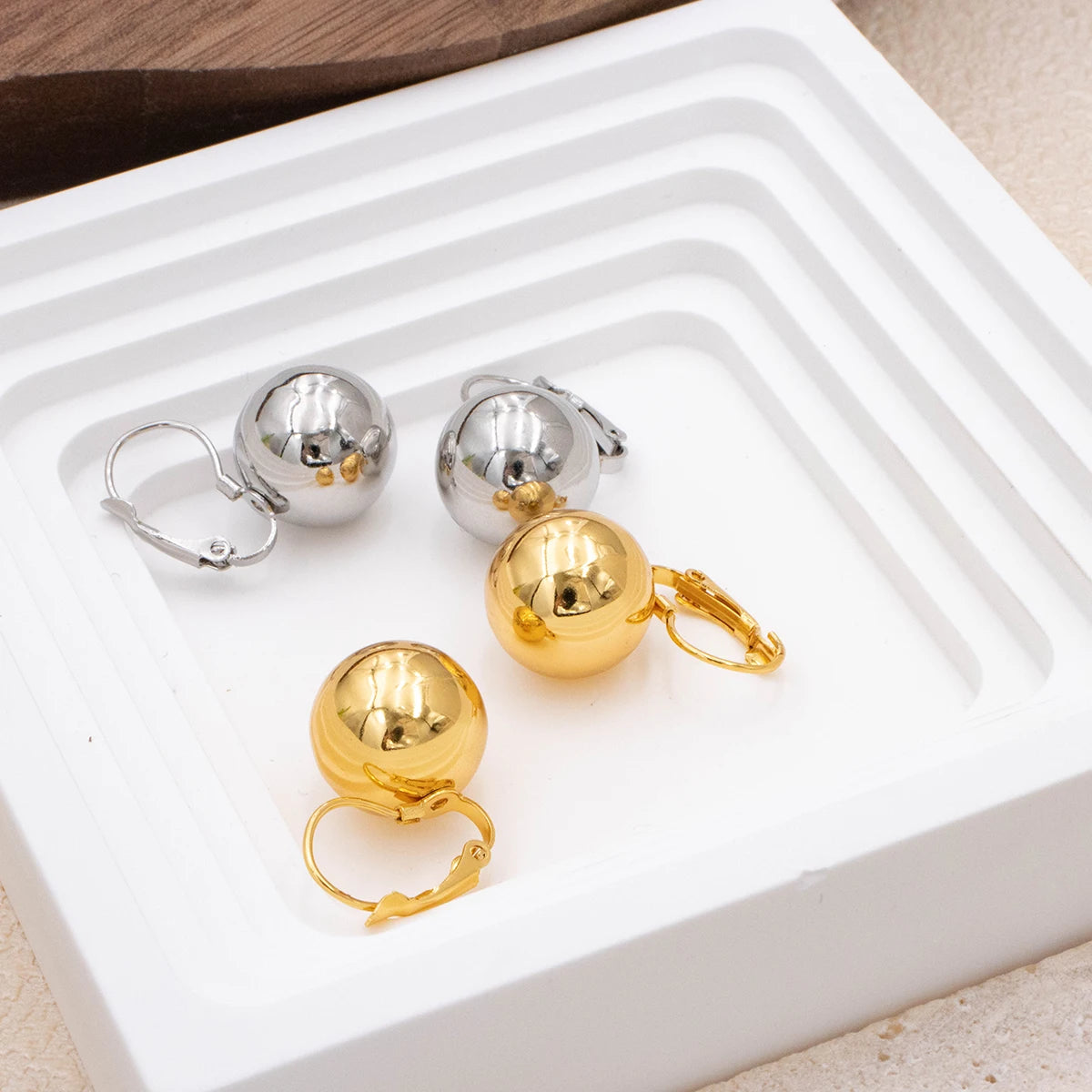 Round Ball Drop Earrings Hollow Stainless Steel Hoop Earrings Smooth Metal Ears Pie additional angle