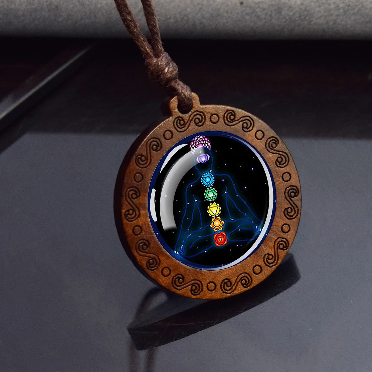 7Chakra Symbol Necklace Yoga Meditation Glass Dome Vintage Wooden Pendant Rope Chai additional angle