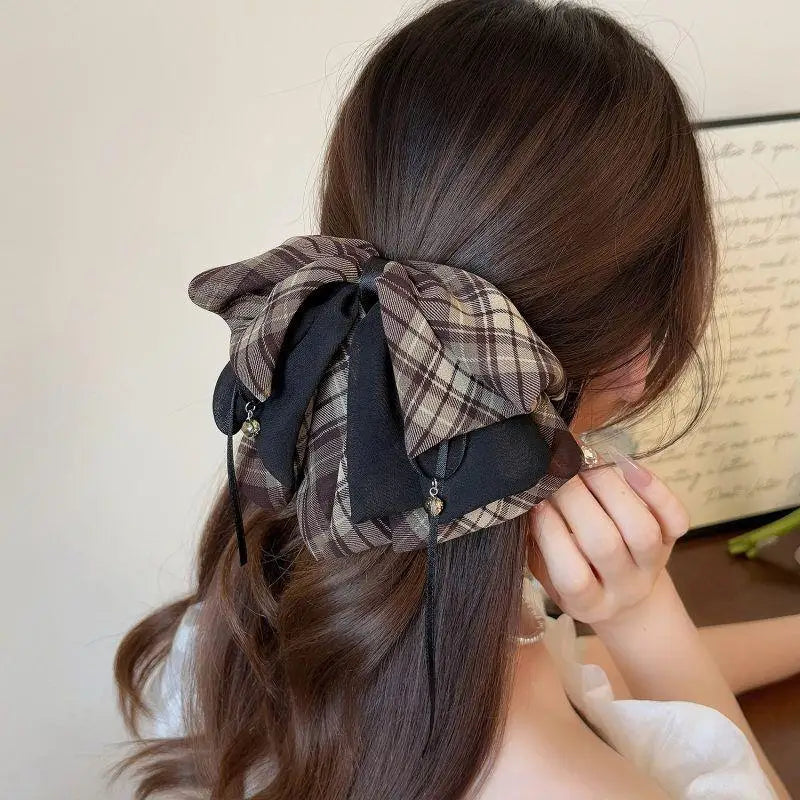 【MAX-22】Vintage Plaid Butterfly Knot Hair Clip Women's Back Of Head Bun Shark Hair Clip Hair Accessories