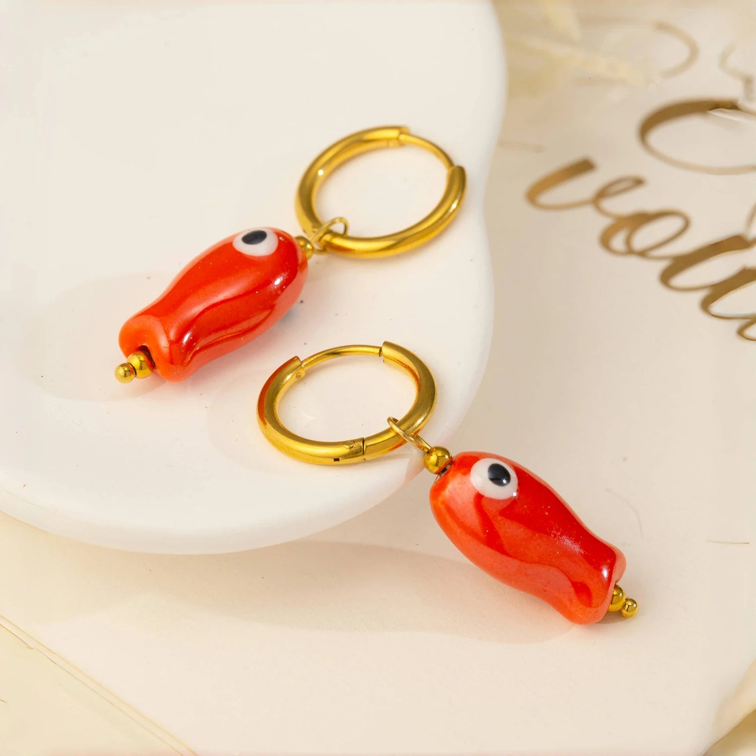 Stainless Steel Ceramic Fish Earrings | Colorful Dopamine Jewelry for Women lifestyle view