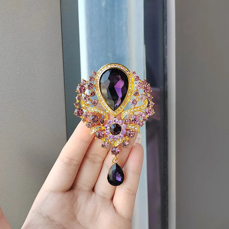 Retro Blue Crystal Big Waterdrop Pendant Brooch for Women Full of Rhinestone Brooch Pin Clothing Accessories Vintage Jewelry