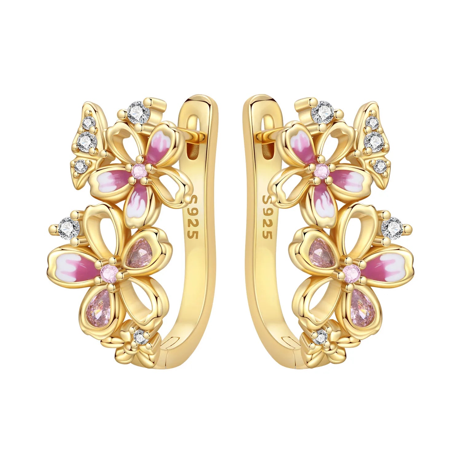 925 Sterling Silver Purple Flowers Plants Leaf Series Blue Iris Flower Earring Hoop Earr detail view
