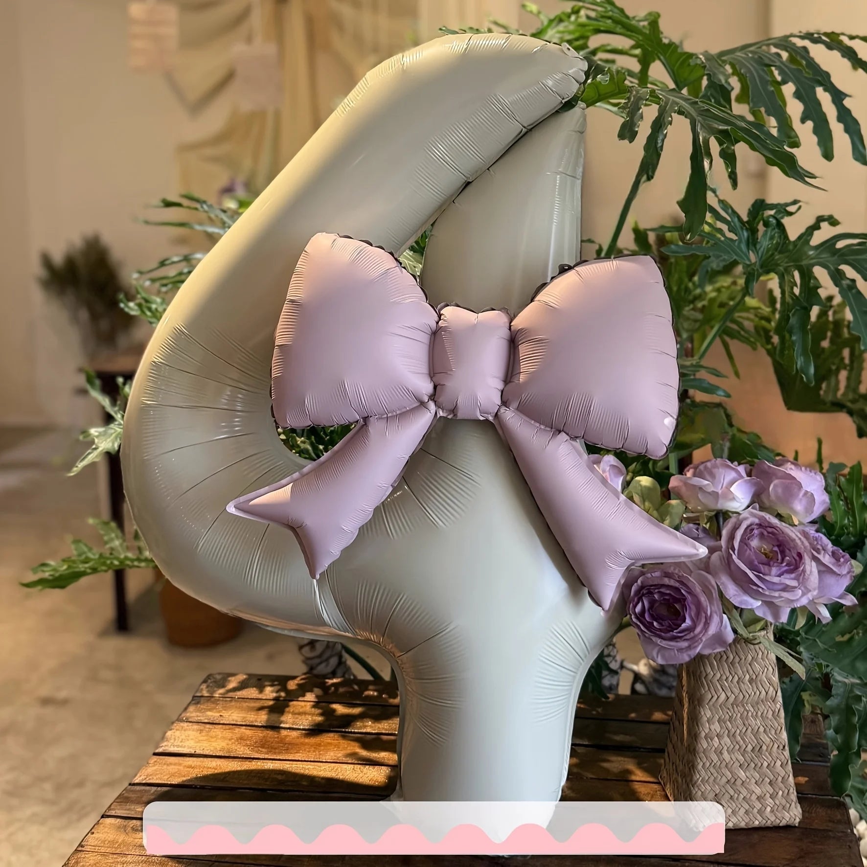 2 Pcs 32 Inch Cream Digital Balloon Set with Pink Bow | Aluminum Foil Party Decor close-up view