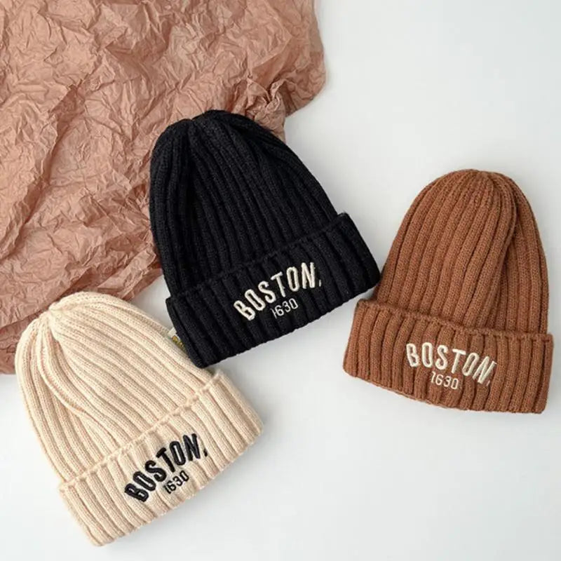 Boston Knitted Baby Hat with Letter Design | Winter Ear Protection Cap detail view