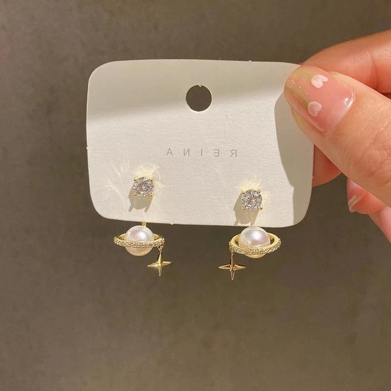 Upscale 14k Gold Jewelry Real Gold Earrings Zircon Pearl Twist Luxury Stud Earrings f alternate view