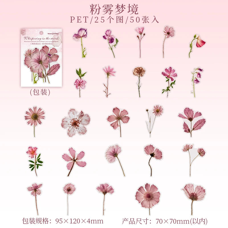 Journal GO 50pcs Dried Flower Collection PET Stickers Decorative Handmade Scrapbooking Material Diary Album Craft Card DIY Label