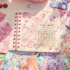100 Pieces Kawaii Decorative Sticker Set | Cute Cartoon Glitter Stickers for DIY Scrap close-up view