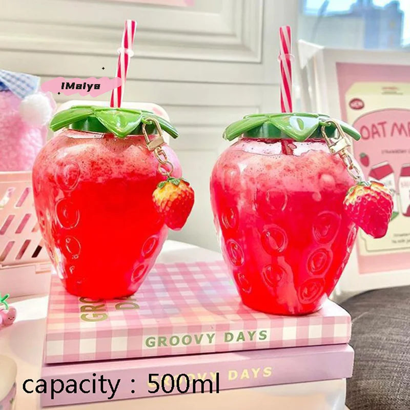 M-500ml Summer Cute Strawberry Straw Water Bottle Milk Coffee Straw Cup for Home Portabl detail view