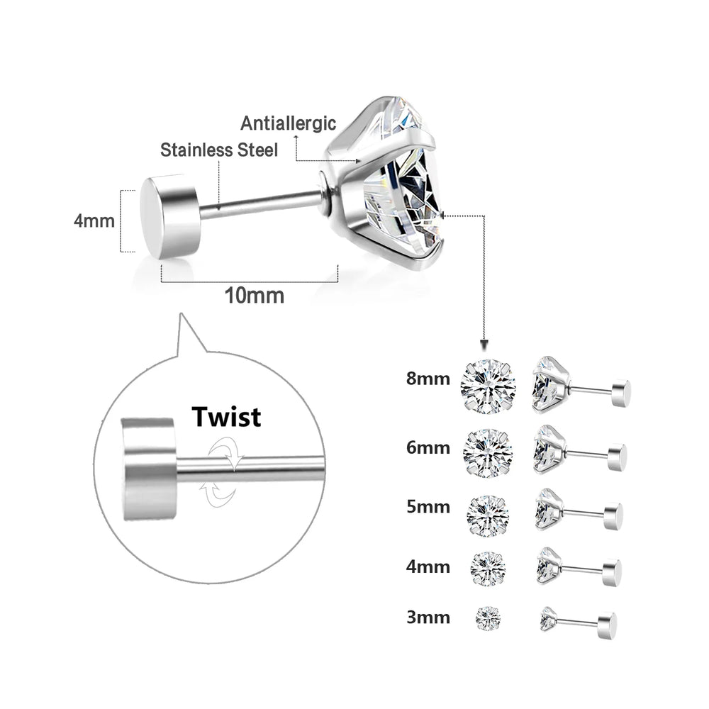 Surgical Steel Cubic Zirconia Stud Earrings | Unisex Screw-Back Earrings detail view