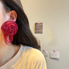Fairy Mesh Rose Drop Earrings | Handmade Boho Tassel Jewelry close-up view