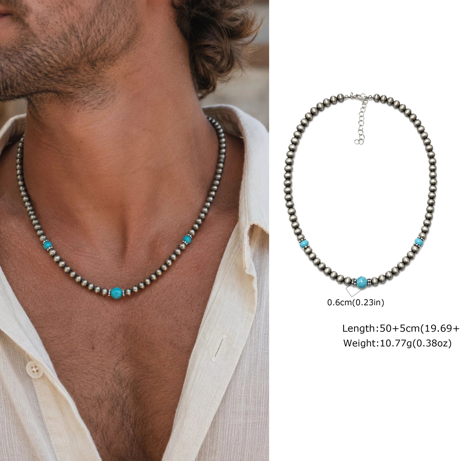 Synthetic Turquoise Necklace for Men | Natural Stone Mini Beads Summer Beach Bohemian lifestyle view