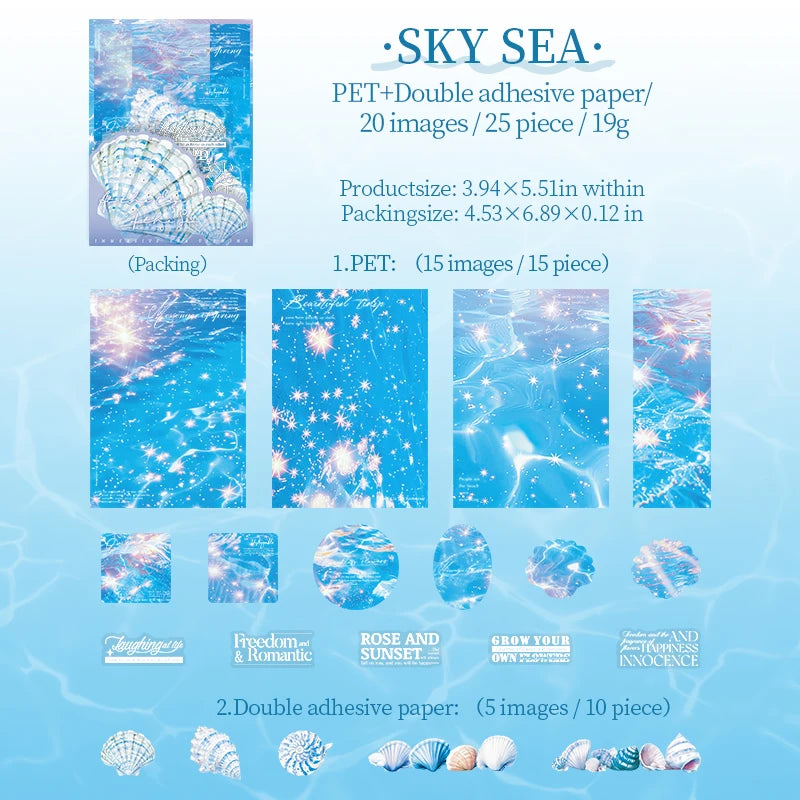 25 Sheets Blue Ocean Theme Dual Texture Sticker Pack | Scrapbook and Journal Decor Set detail view