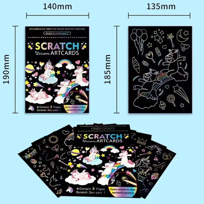 9Pcs/set Magic Rainbow Color Scratch Art Painting Paper Card Kit Cartoon Animal Dra additional angle