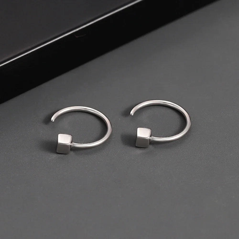 Korean Square Shape Tiny Hoop Earrings For Women Men Silver Color C- Shape Open Ear additional angle