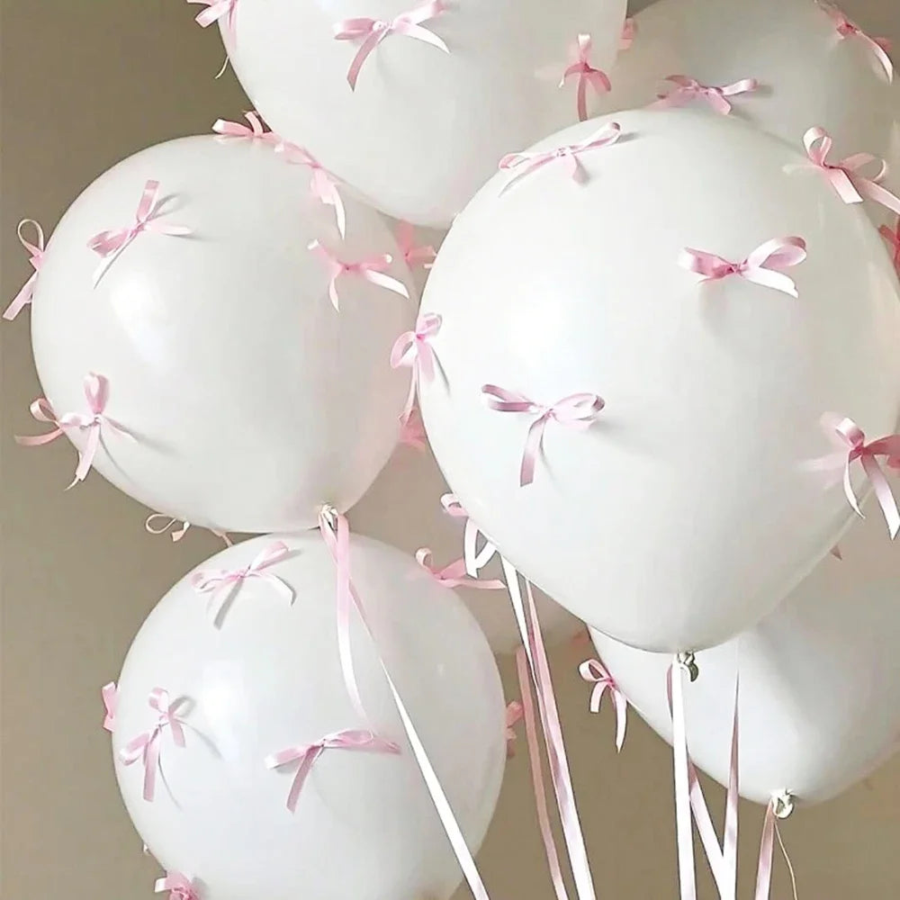 Bow Balloons Set White Balloon Mini Pink Ribbon Bows Girls Birthday Party