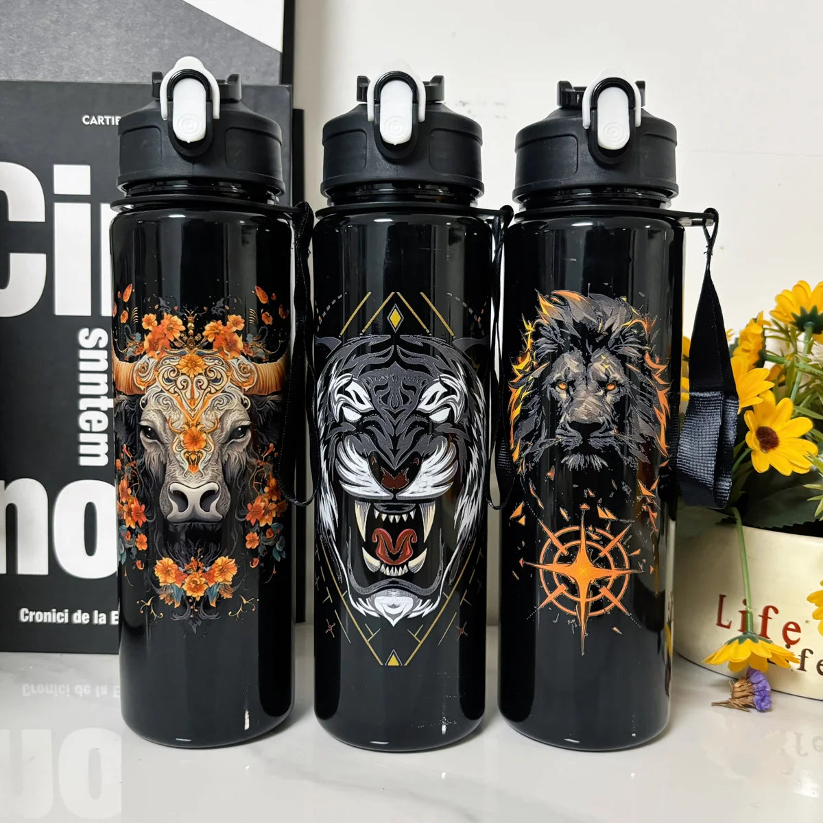 Cute Lion Tiger Cow Pattern 750ml Water Cup Portable for School Gym Camping Gift for Friends Family