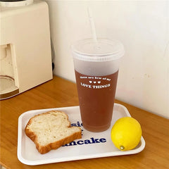【Q】Water Bottle For Coffee Juice Milk Tea Kawaii Plastic Cold Cups With Lid Straw Portable Reusable