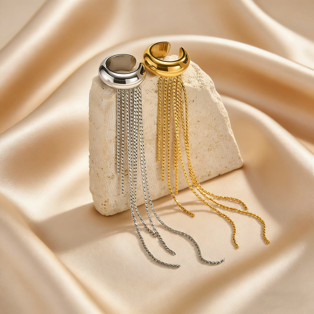 Fashion Long Tassel C-shaped Fake Piercing Ear Clip for Women Gold Plated Stainless Stee detail view