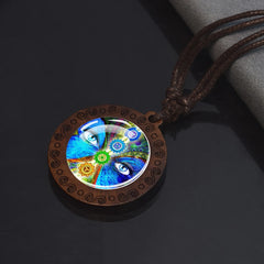 7Chakra Symbol Necklace Yoga Meditation Glass Dome Vintage Wooden Pendant Rope Chains Ne detail view