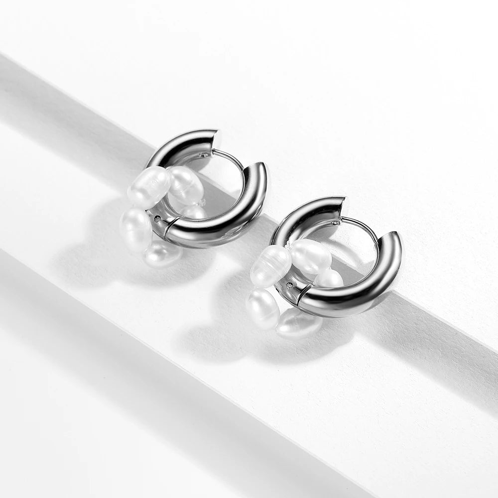 Trendy Asymmetry Pearl Drop Earrings | Stainless Steel Huggie Hoops for Women additional angle