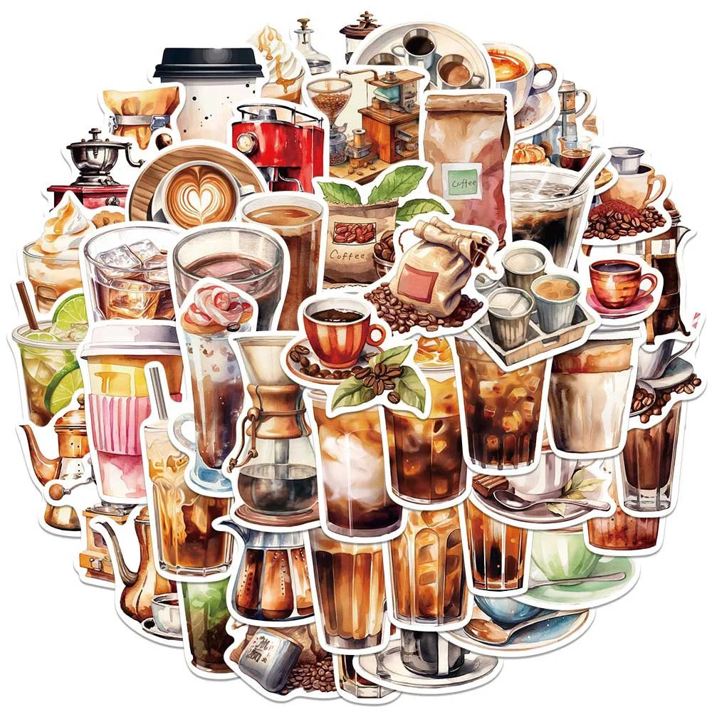 Coffee Lover Cartoon Sticker Pack | 50 Waterproof Decals for Laptop Helmet