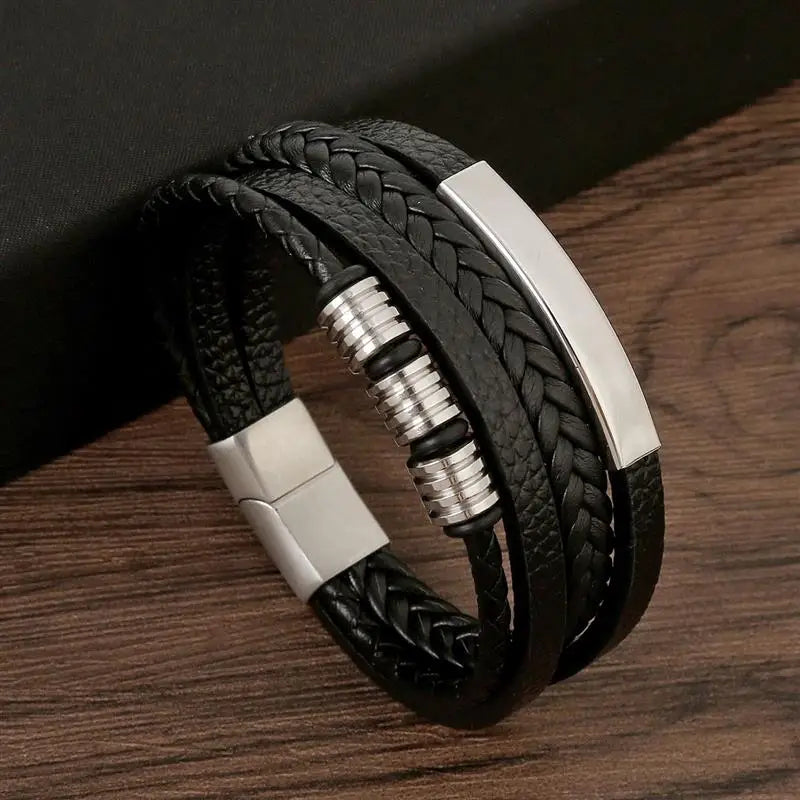 Classic Men's Leather Bracelet New Style Hand-woven Multi-layer Combination Accessory close-up view