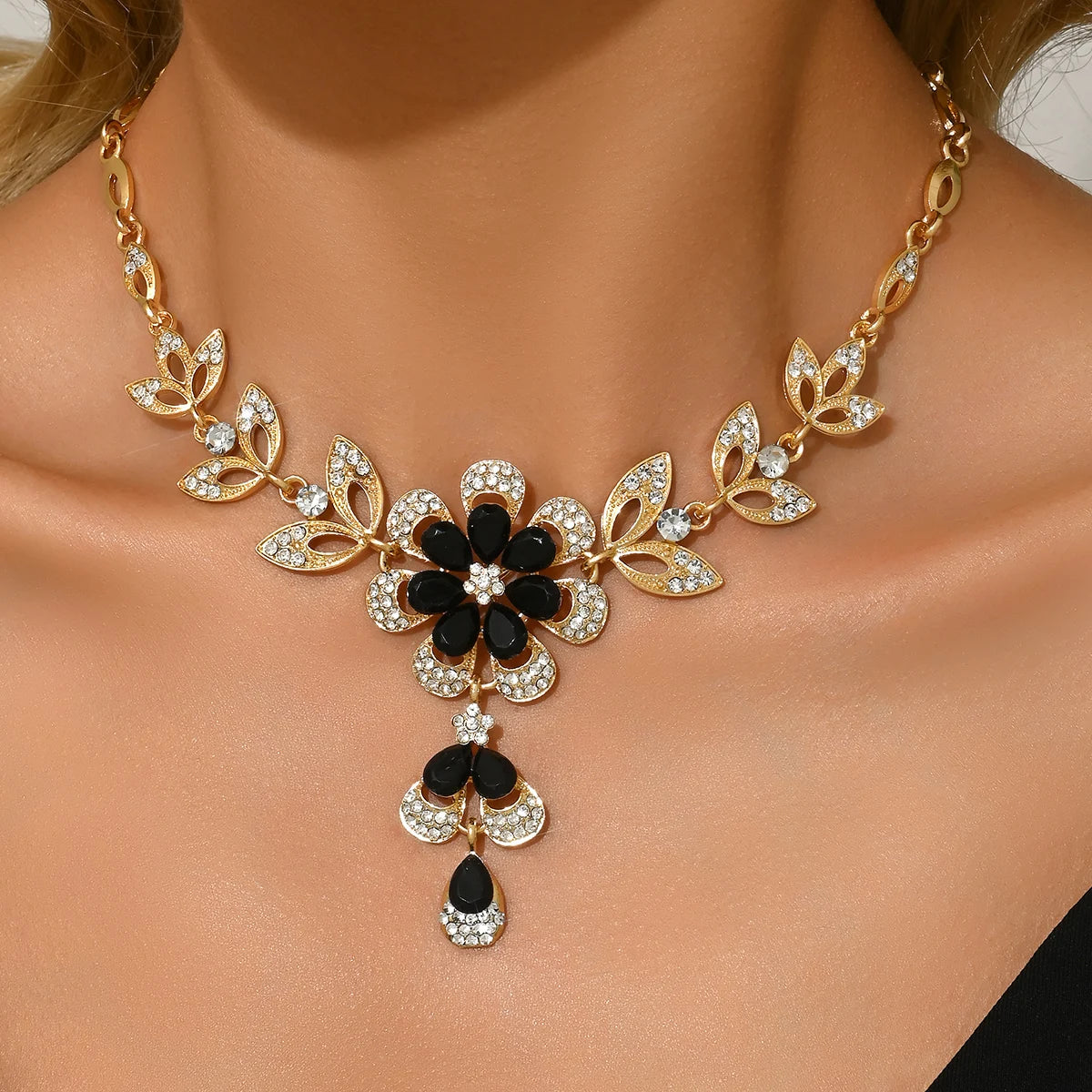 High end, stylish flower design necklace and jewelry suitable for dates, parties, and close-up view
