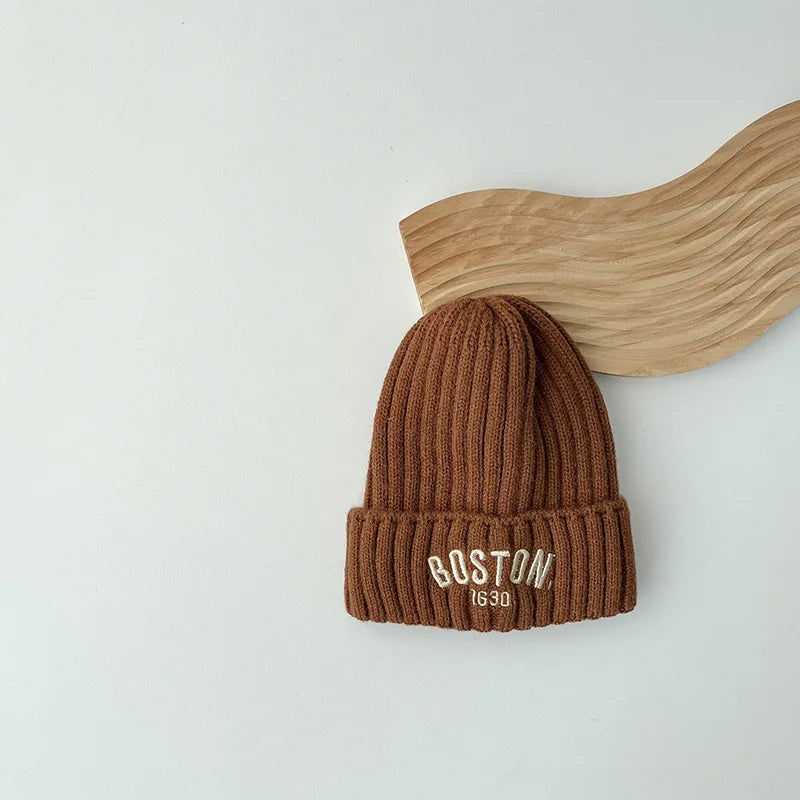 Boston Knitted Baby Hat with Letter Design | Winter Ear Protection Cap lifestyle view
