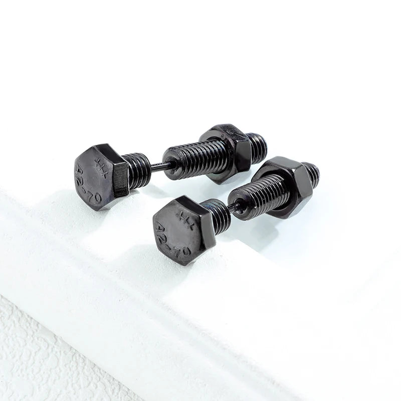 2pc New Gothic Unisex Punk Rock Stainless Steel Nail Screw Piercing Stud Earrings Nov lifestyle view