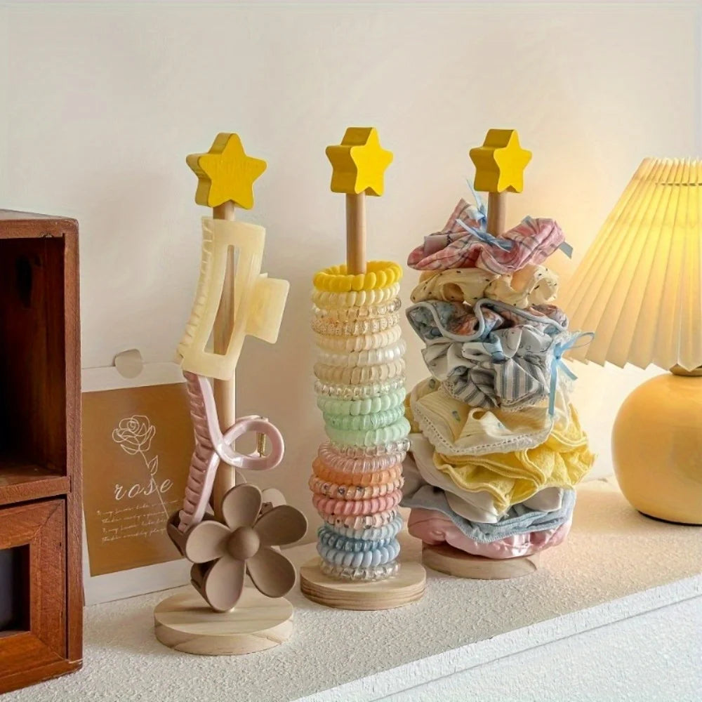 Wood Desktop Hair Rope Holder Multi-purpose Jewelry Bracelet Organizer Display Holder close-up view