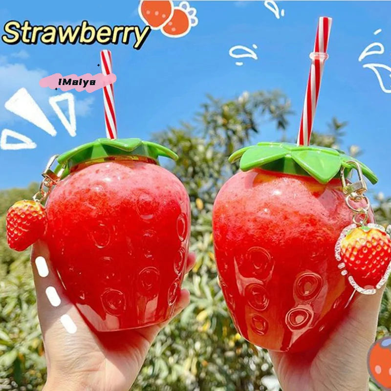 M-500ml Summer Cute Strawberry Straw Water Bottle Milk Coffee Straw Cup for Home Portable Outddor Dr