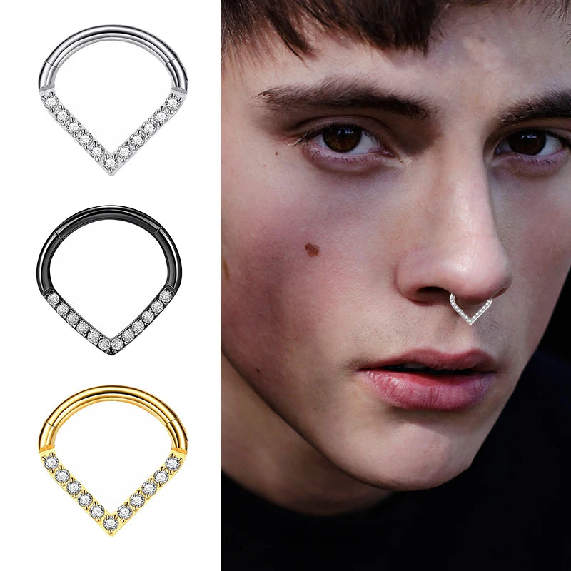 1PC G23 Titanium Hoop CZ Heart Septum Helix Piercing Nose Rings Tragus Cartilage Hinge close-up view